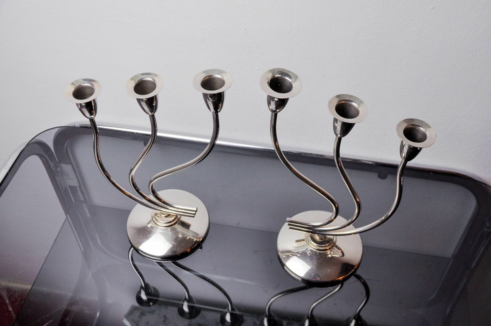 Pair Of Art Deco Candlesticks In Stainless Steel 3 Flames, Spain, 1970 photo vintage