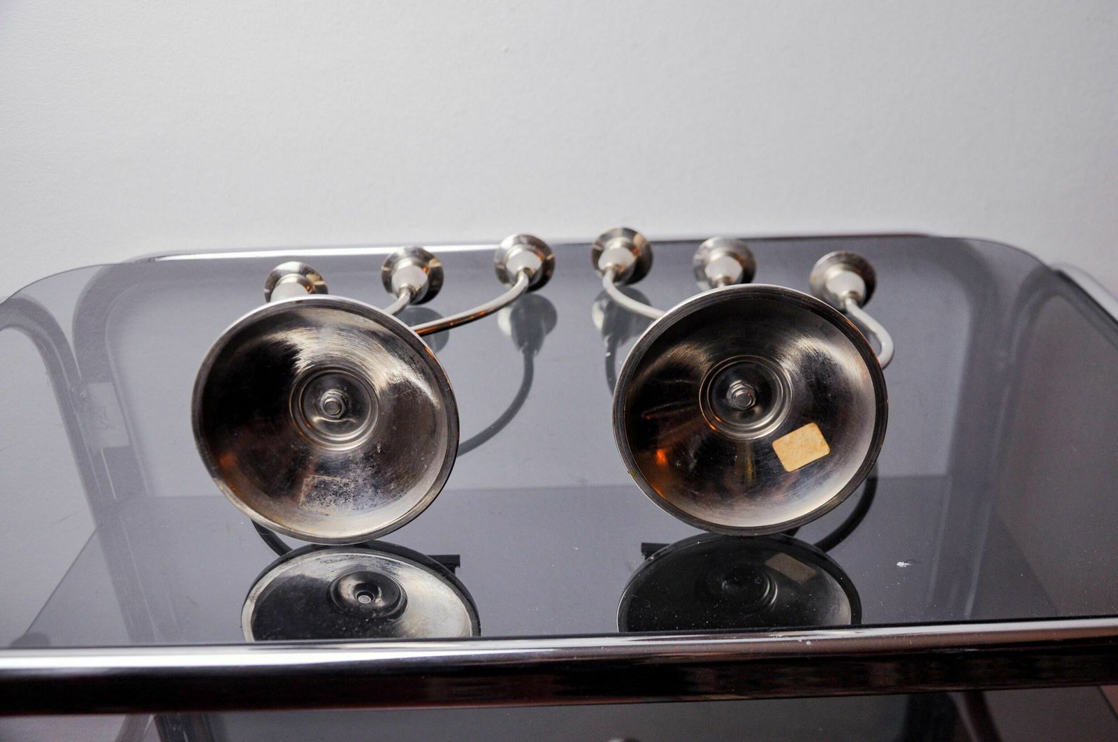 photo furniture Pair Of Art Deco Candlesticks In Stainless Steel 3 Flames, Spain, 1970
