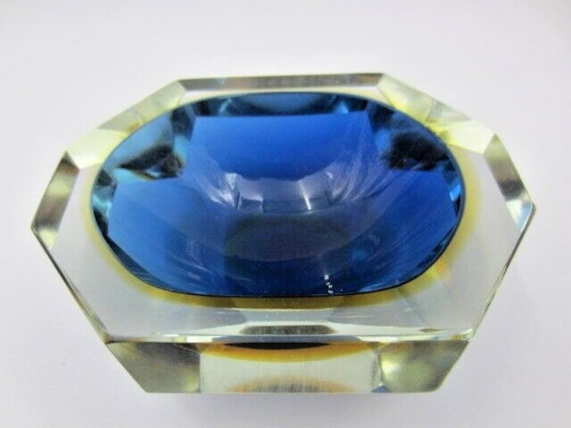 Mandruzzato Faceted Blue In Amber In Blue Murano Sommerso Diamond Cut Glass Bowl photo Home Decor