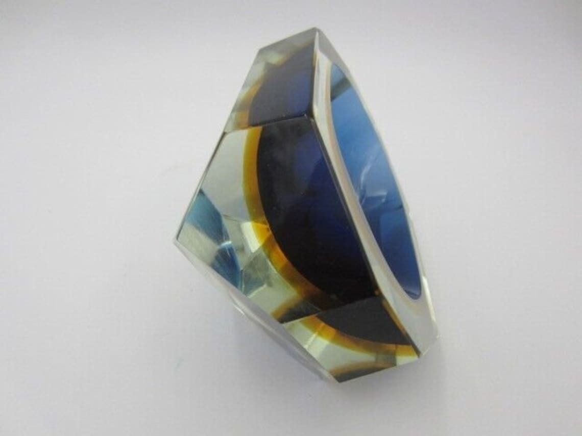 Mandruzzato Faceted Blue In Amber In Blue Murano Sommerso Diamond Cut Glass Bowl photo vinterior