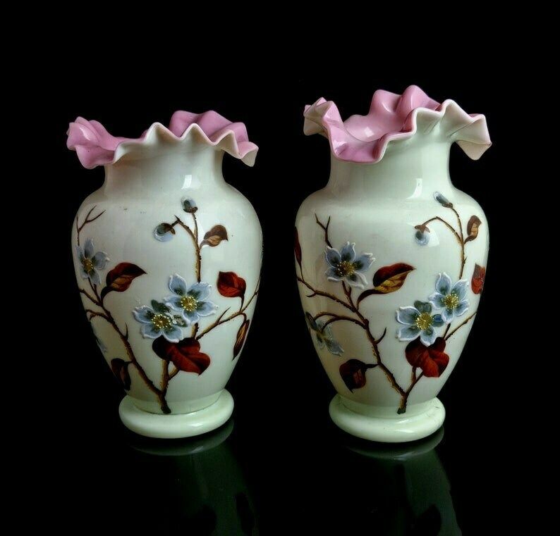 Antique Enamelled Glass Vases, Primrose Glass, Victorian, Pair