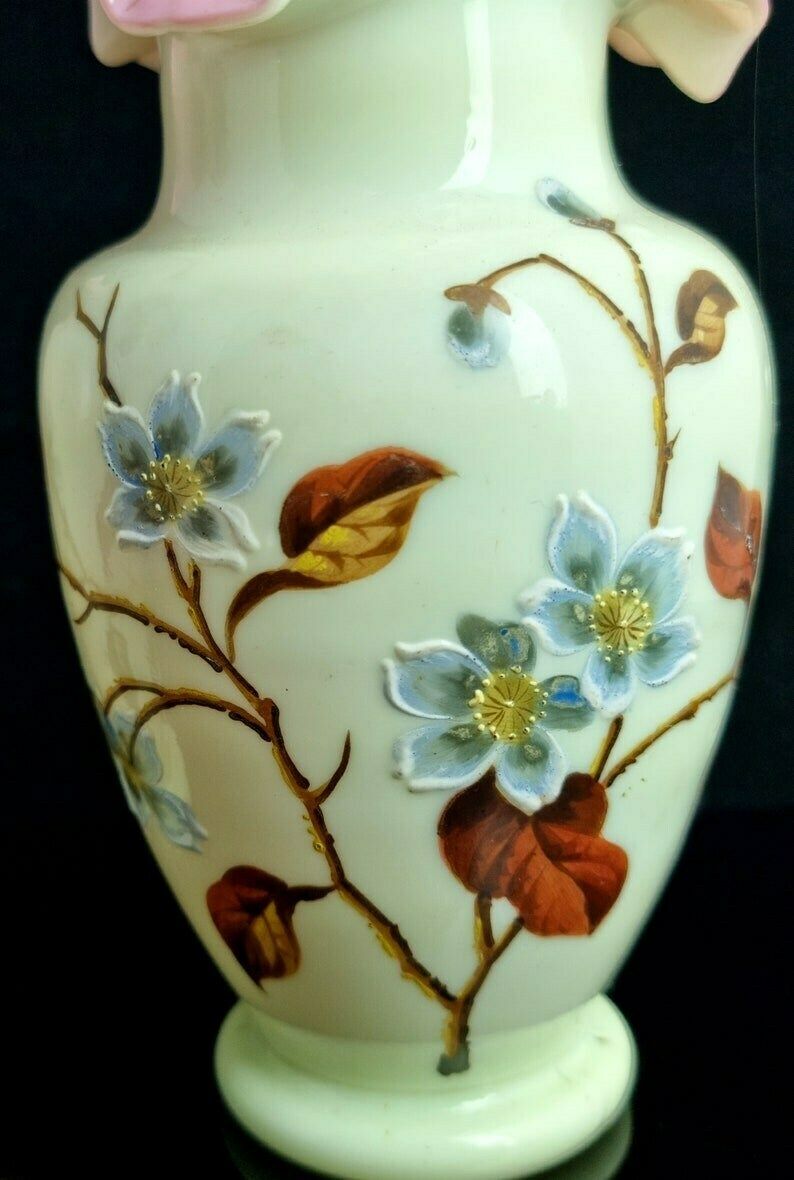Antique Enamelled Glass Vases, Primrose Glass, Victorian, Pair photo for sale