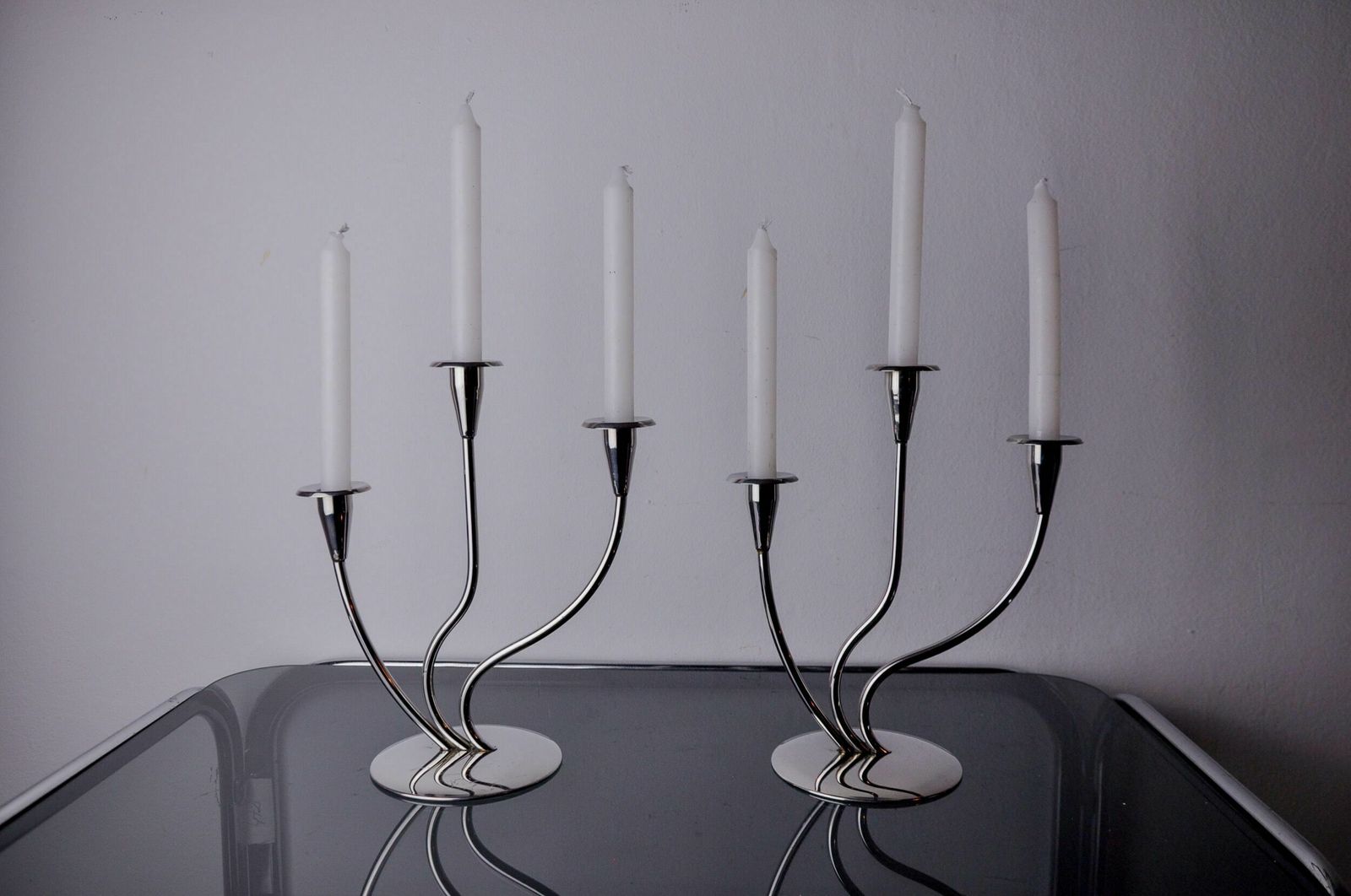 Pair Of Art Deco Candlesticks In Stainless Steel 3 Flames, Spain, 1970 photo furniture