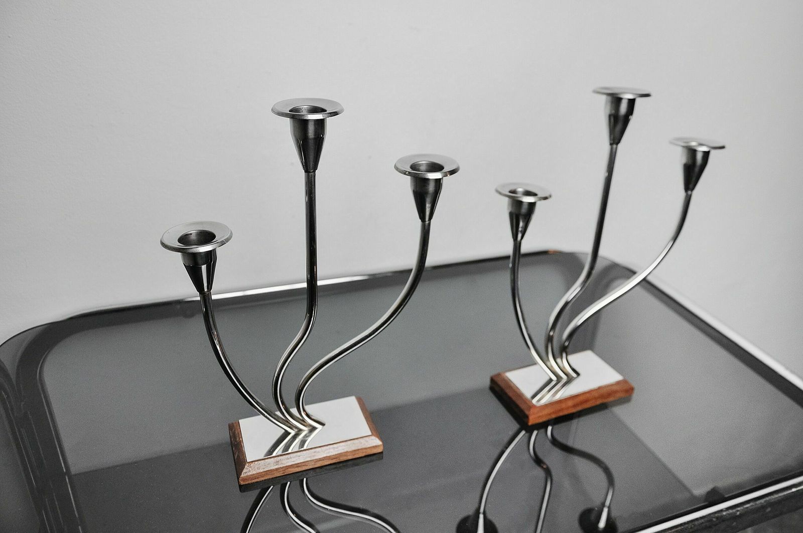 Pair Of Art Deco Candlesticks In Stainless Steel 3 Flames, Spain, 1970 photo buy