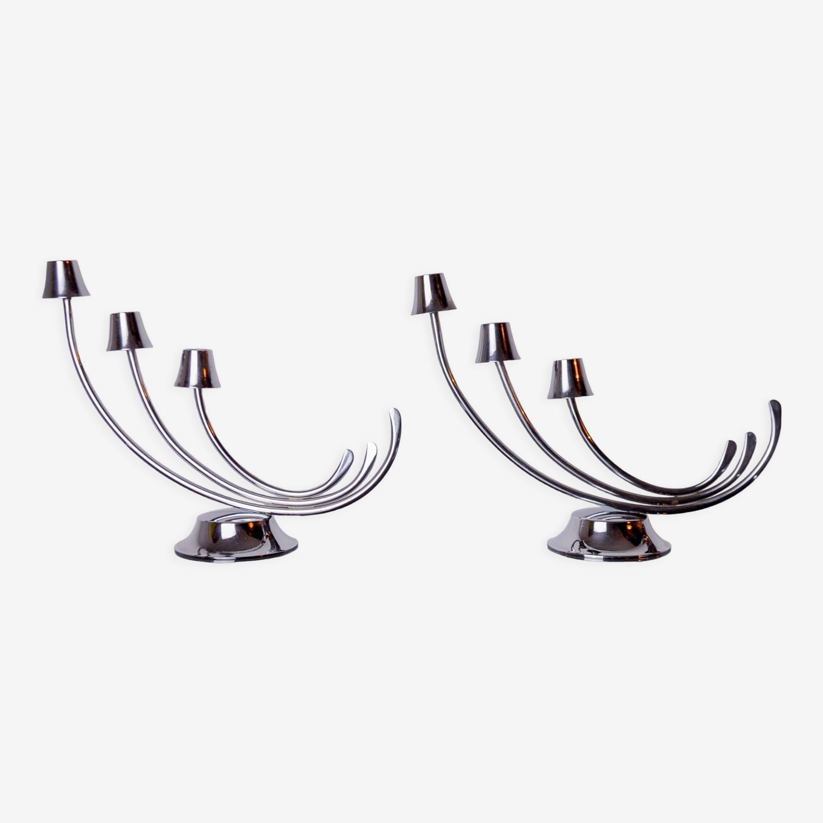 Pair Of Art Deco Candlesticks In Stainless Steel 3 Flames, Spain, 1970