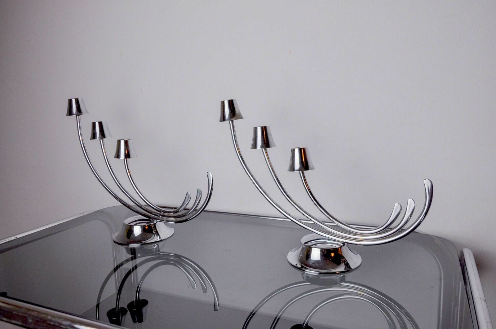 Pair Of Art Deco Candlesticks In Stainless Steel 3 Flames, Spain, 1970 photo Home Decor