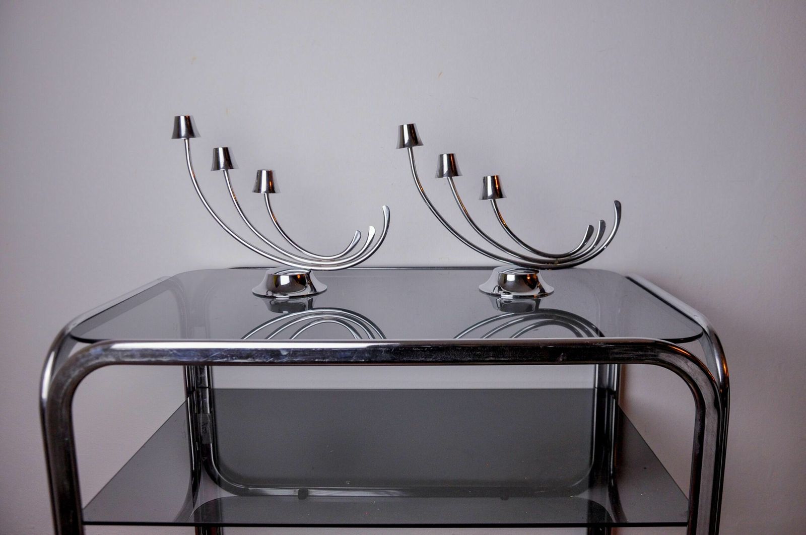 Pair Of Art Deco Candlesticks In Stainless Steel 3 Flames, Spain, 1970 photo vinterior