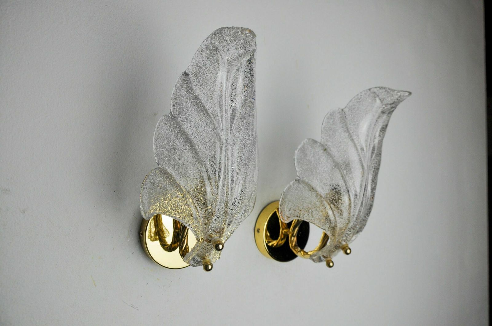 Pair Of Frosted Leaf Sconces, Murano Glass, Italy, 1970 photo Lighting