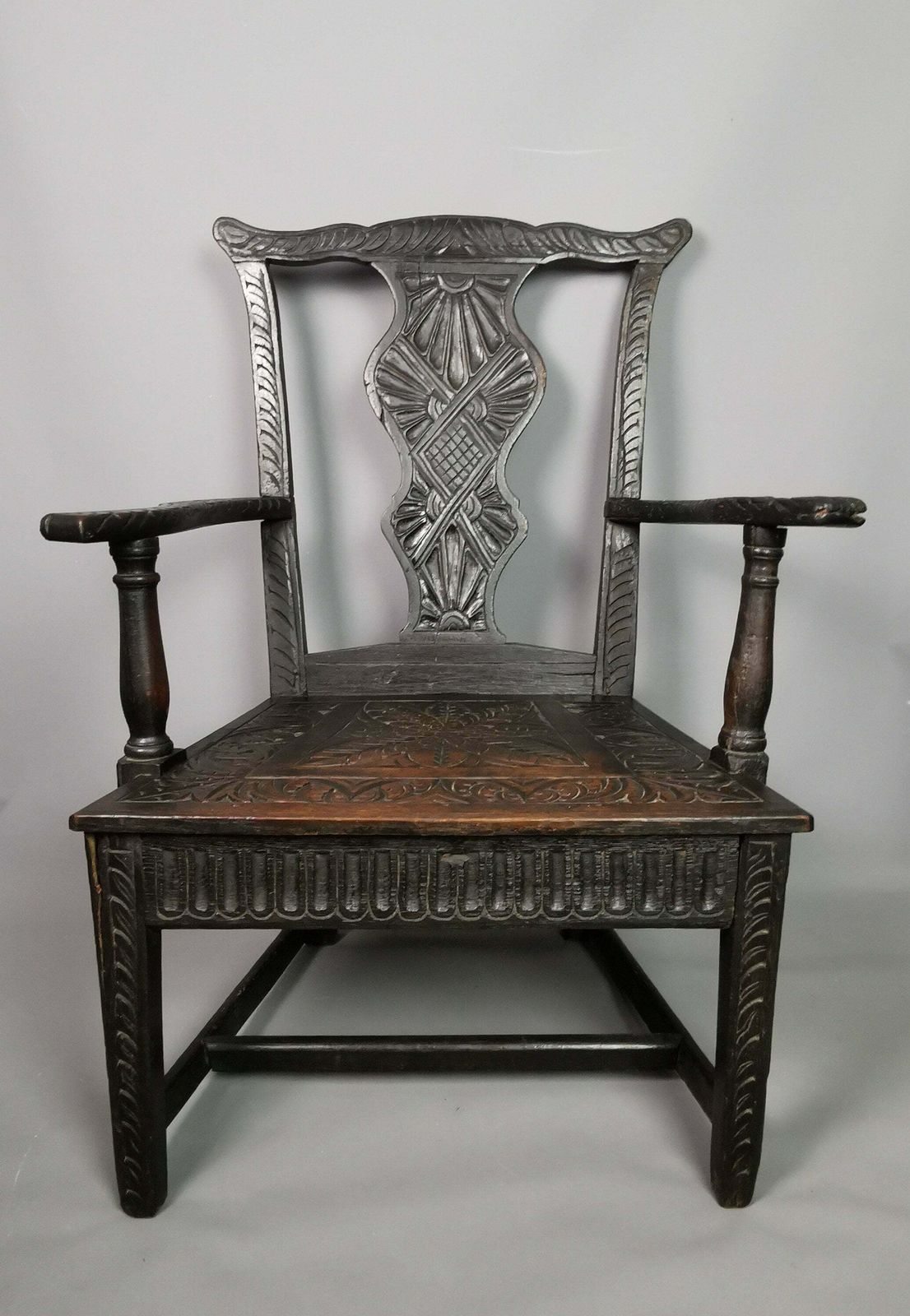 Antique Georgian Elbow Chair, Carved Oak, Gothic Style photo for sale