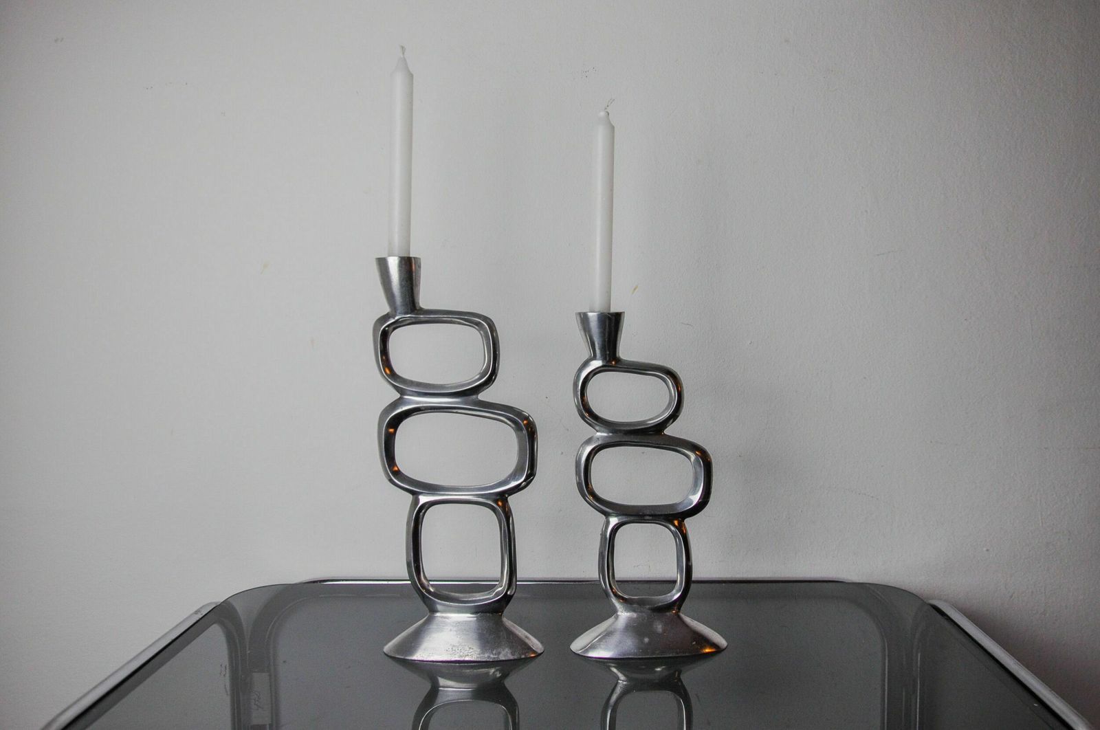 Pair Of Circle Candlesticks By Matthew Hilton, England, 1980 photo vintage