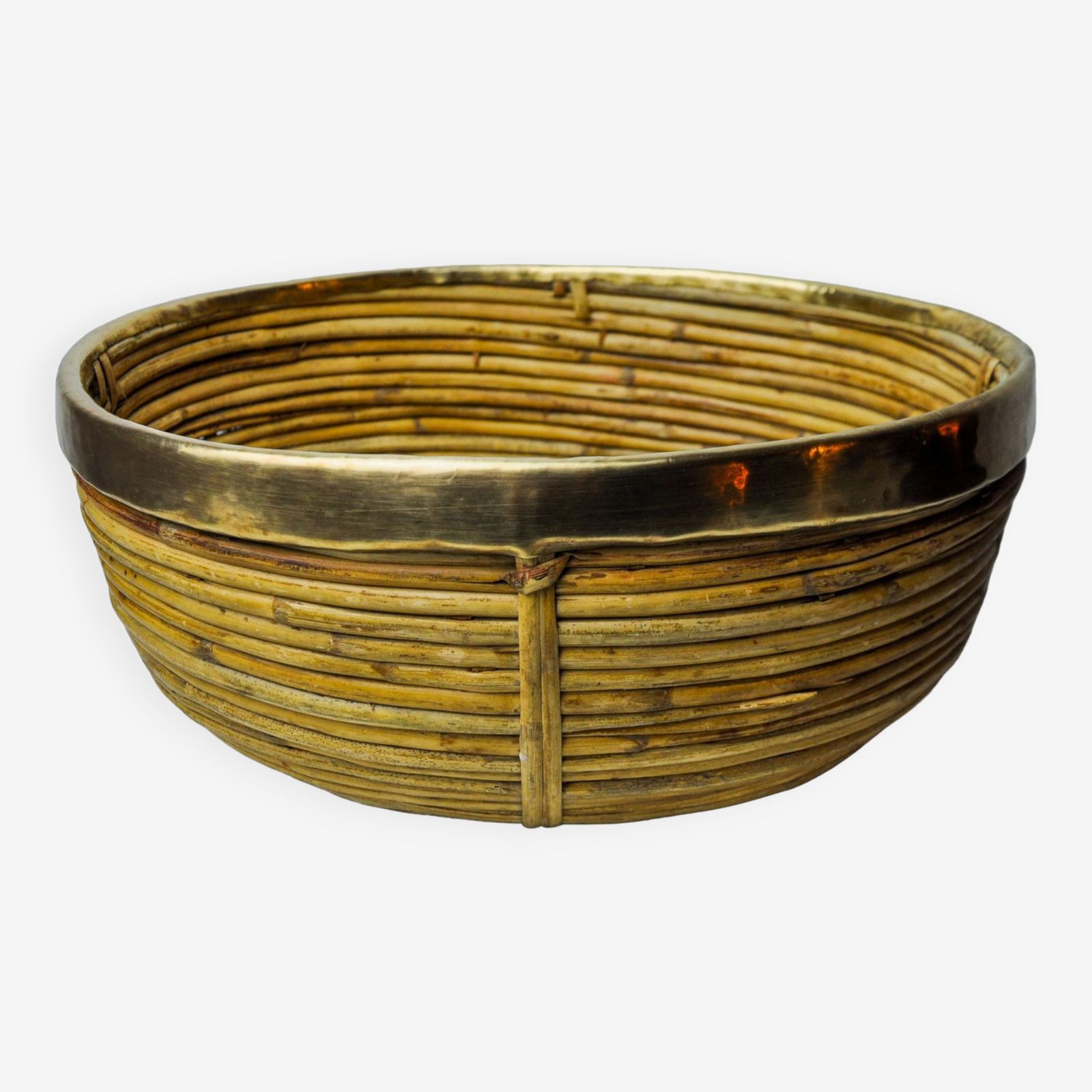 Rattan And Brass Book Holder Basket, Italy, 1970s