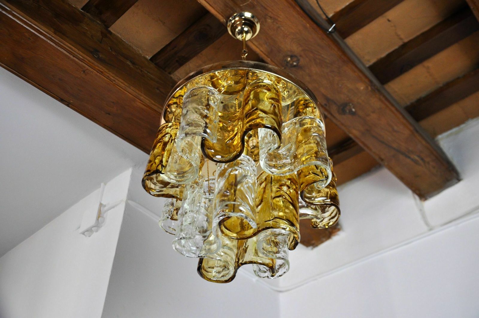 Two Tone Chandelier By Zero Quattro, Orange And Transparent Murano Glass, Italy, 1970 photo Lighting