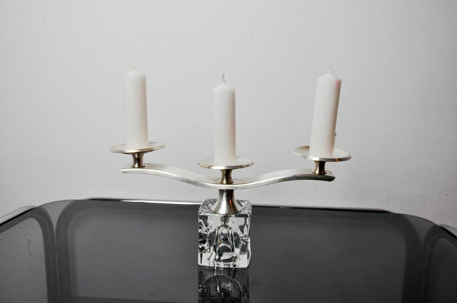 Ice Candle Holder By Peill & Putzler, 3 Flames, Glass And Silver Metal, Germany, 1970 photo furniture