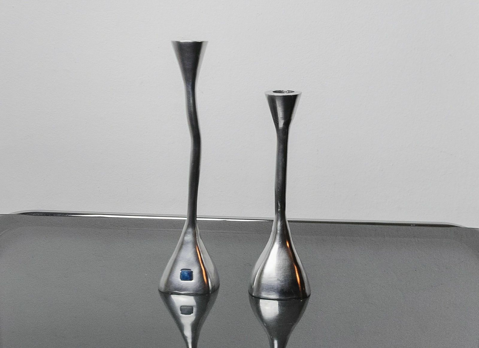 photo for sale Pair Of Zigzag Candle Holders, Solid Aluminum And Polished Stone, Art3, Spain, 1970