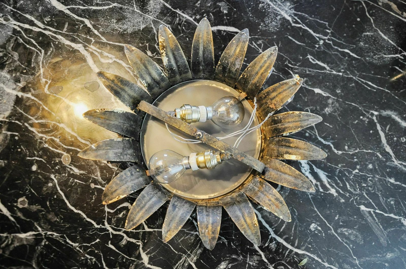 Wall Lamp Sun By Ferro Arte, Metal And Gold Leaf, Spain, 1960 photo vintage