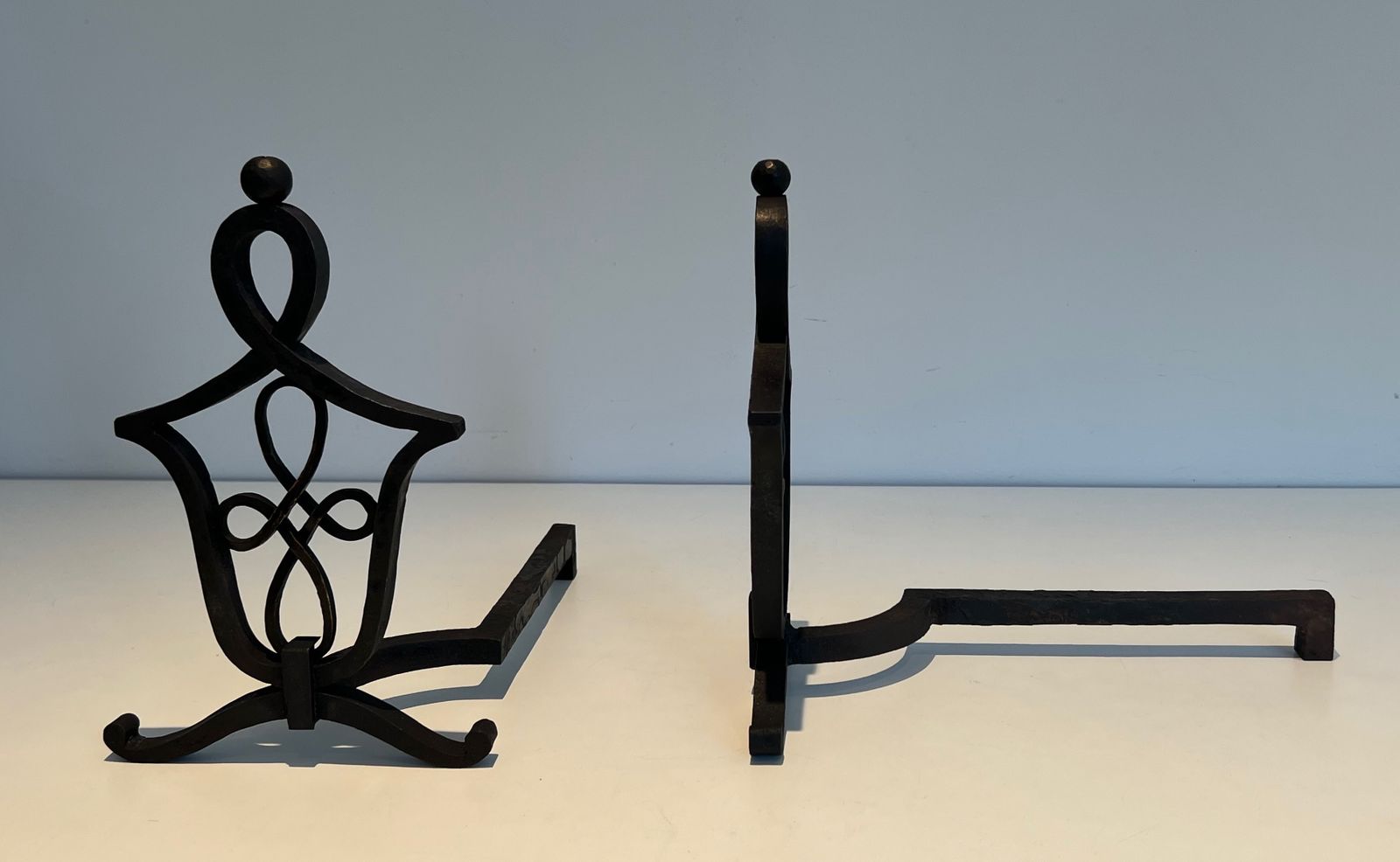 Pair Of Wrought Iron Andirons In The Style Of Raymond Subes photo vinterior
