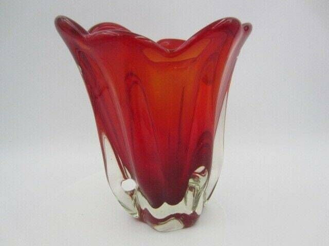 Murano Sommerso Ribbed Art Glass Vase 50s Red Organic Shaped photo Home Decor