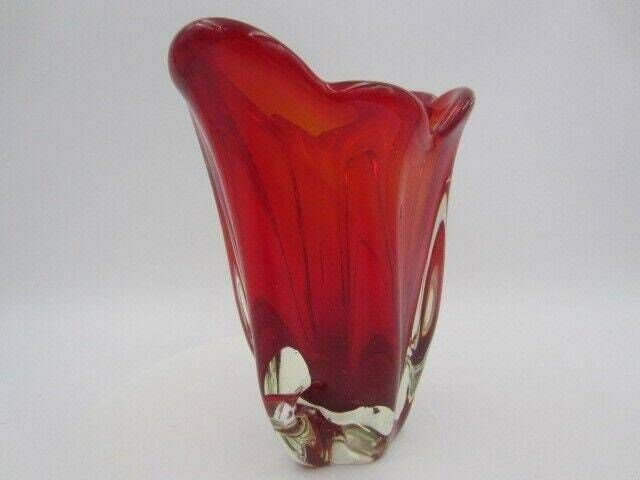 Murano Sommerso Ribbed Art Glass Vase 50s Red Organic Shaped photo 91.0