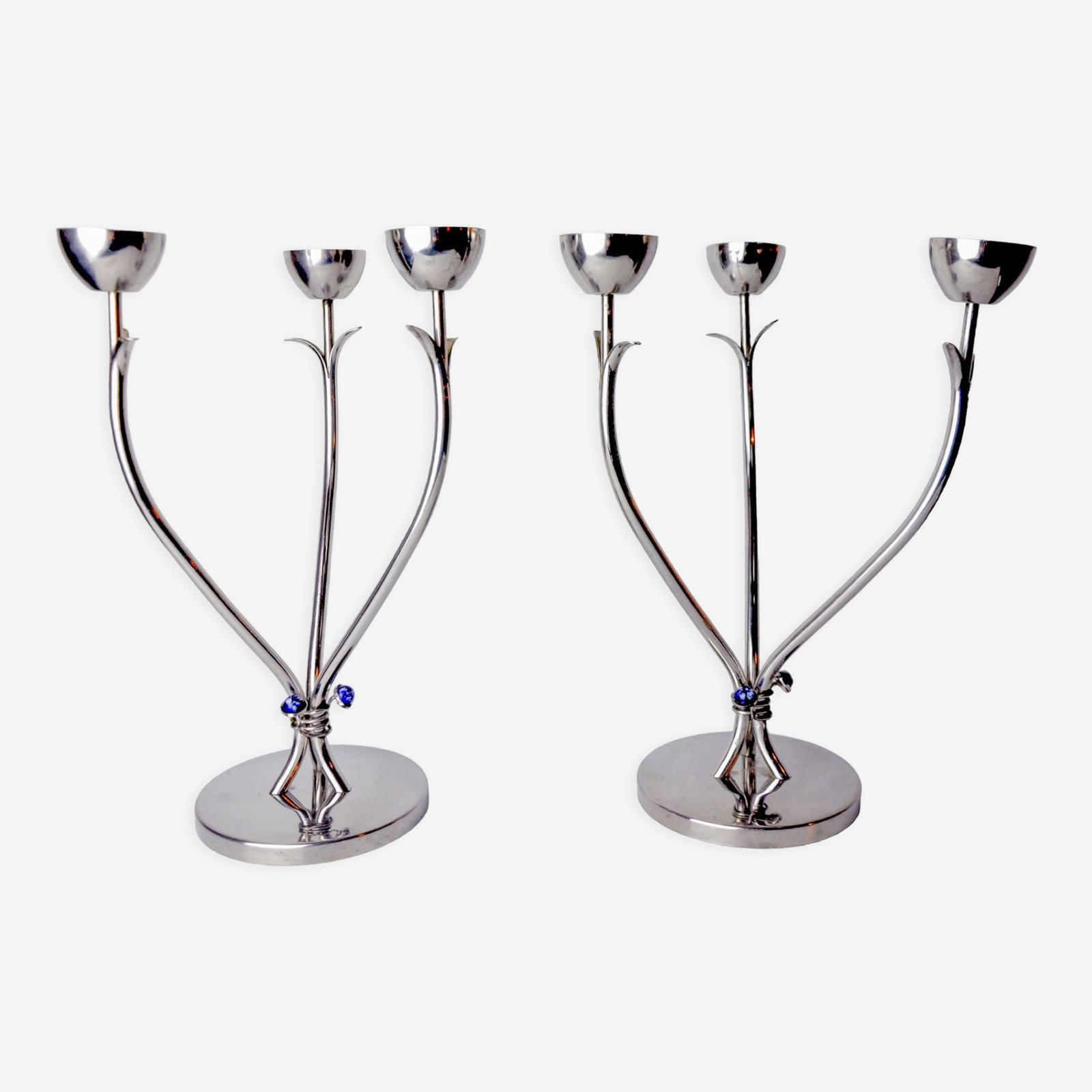 Pair Of Art Deco Candlesticks In Stainless Steel 3 Flames And Blue Stones, Spain, 1970