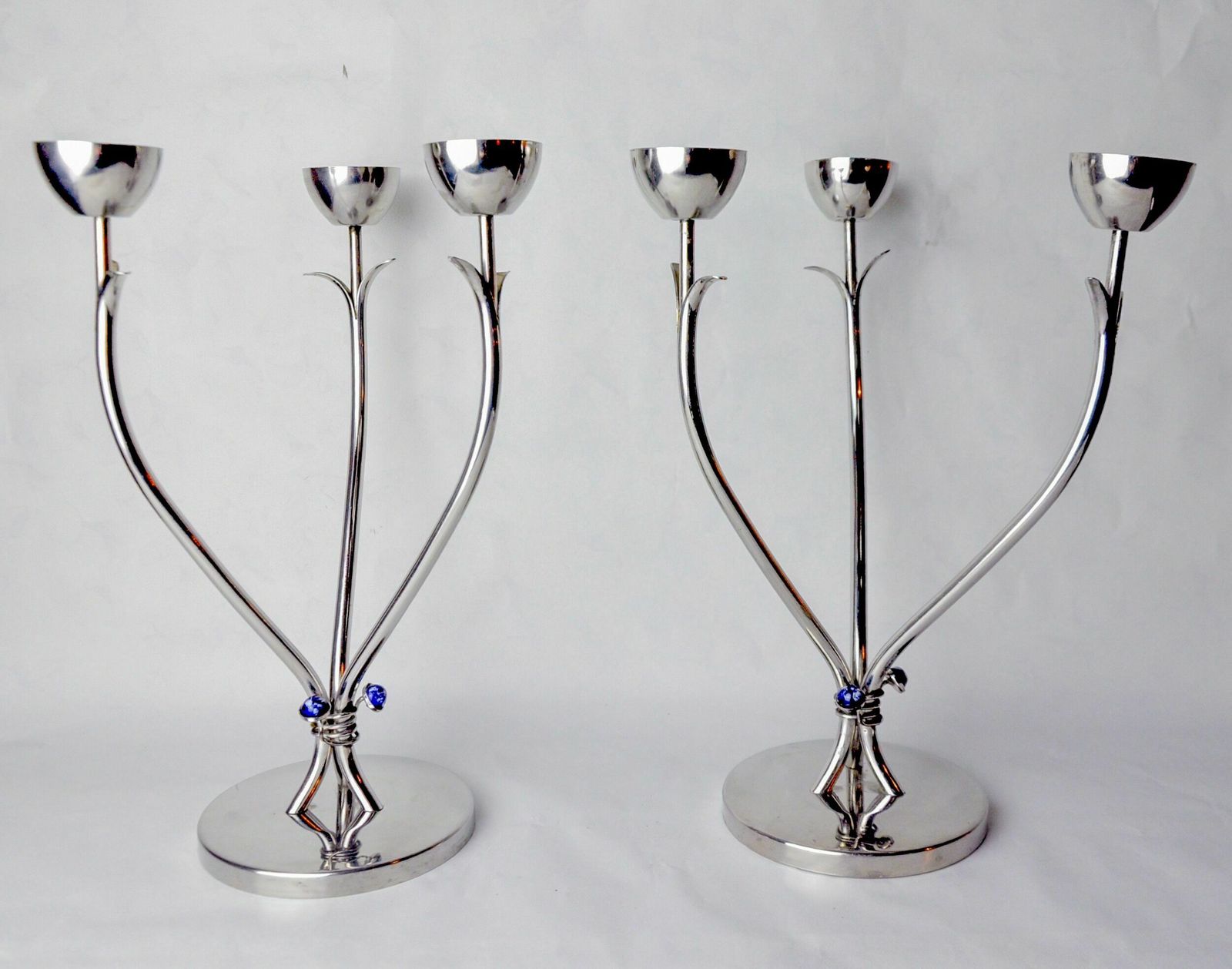 Pair Of Art Deco Candlesticks In Stainless Steel 3 Flames And Blue Stones, Spain, 1970 photo furniture