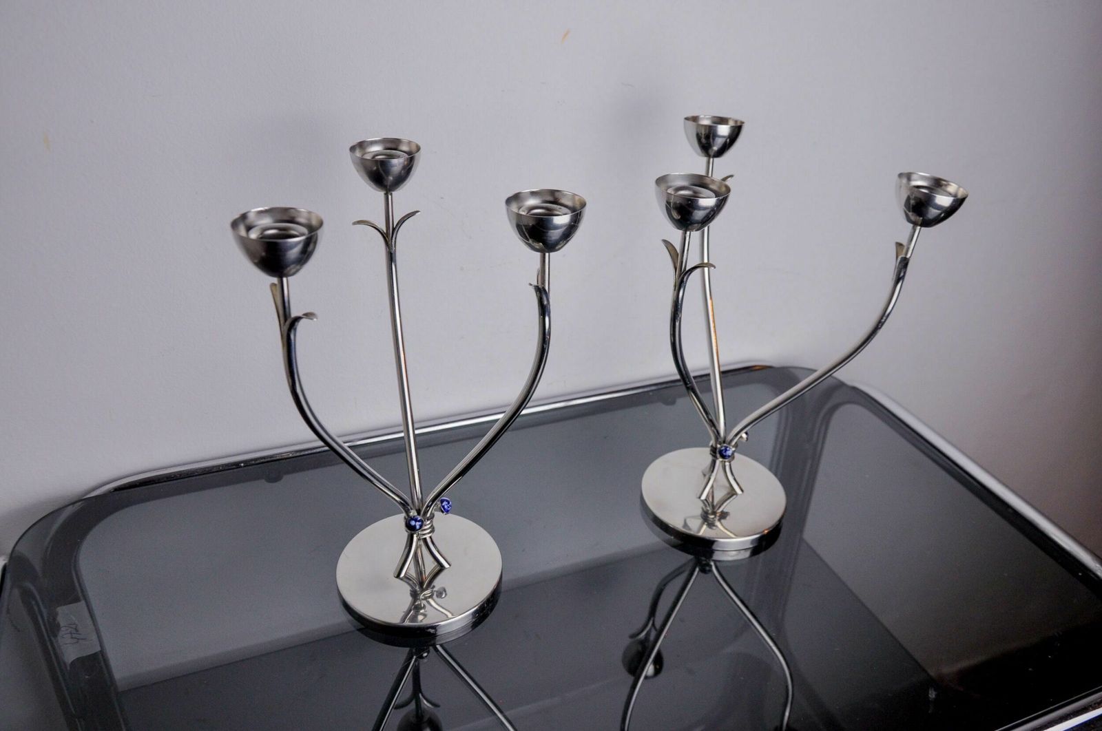 Pair Of Art Deco Candlesticks In Stainless Steel 3 Flames And Blue Stones, Spain, 1970 photo vinterior