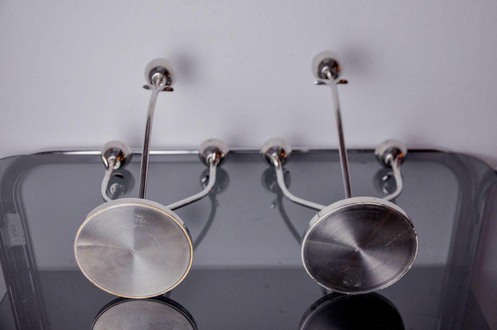 photo for sale Pair Of Art Deco Candlesticks In Stainless Steel 3 Flames And Blue Stones, Spain, 1970