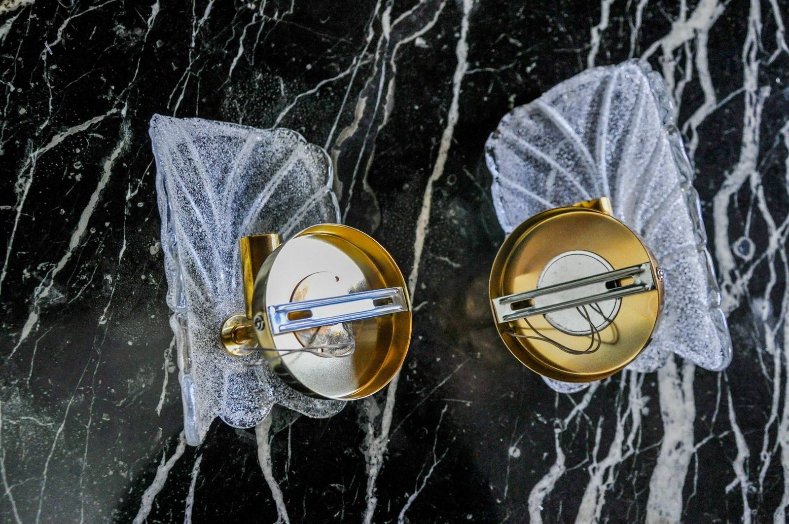 Pair Of Frosted Leaf Sconces, Murano Glass, Italy, 1970 photo vintage