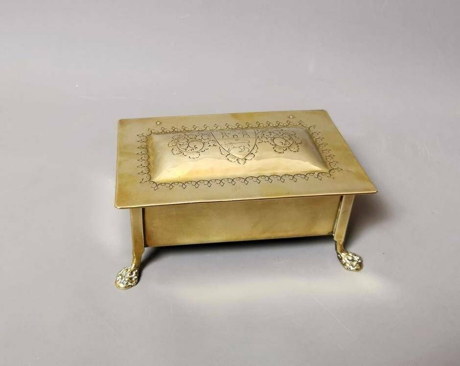 Antique Brass Tobacco Box, Heraldic, Table Top, Lion Paw Feet