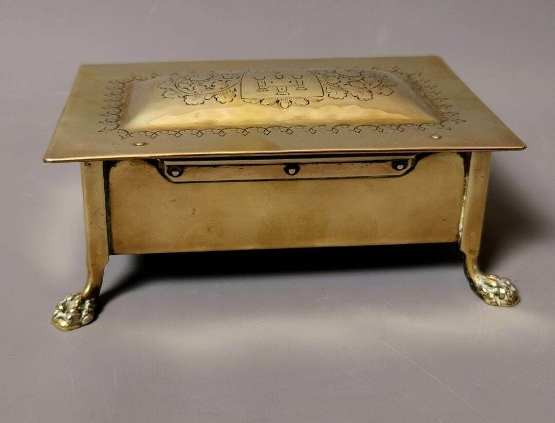 photo furniture Antique Brass Tobacco Box, Heraldic, Table Top, Lion Paw Feet