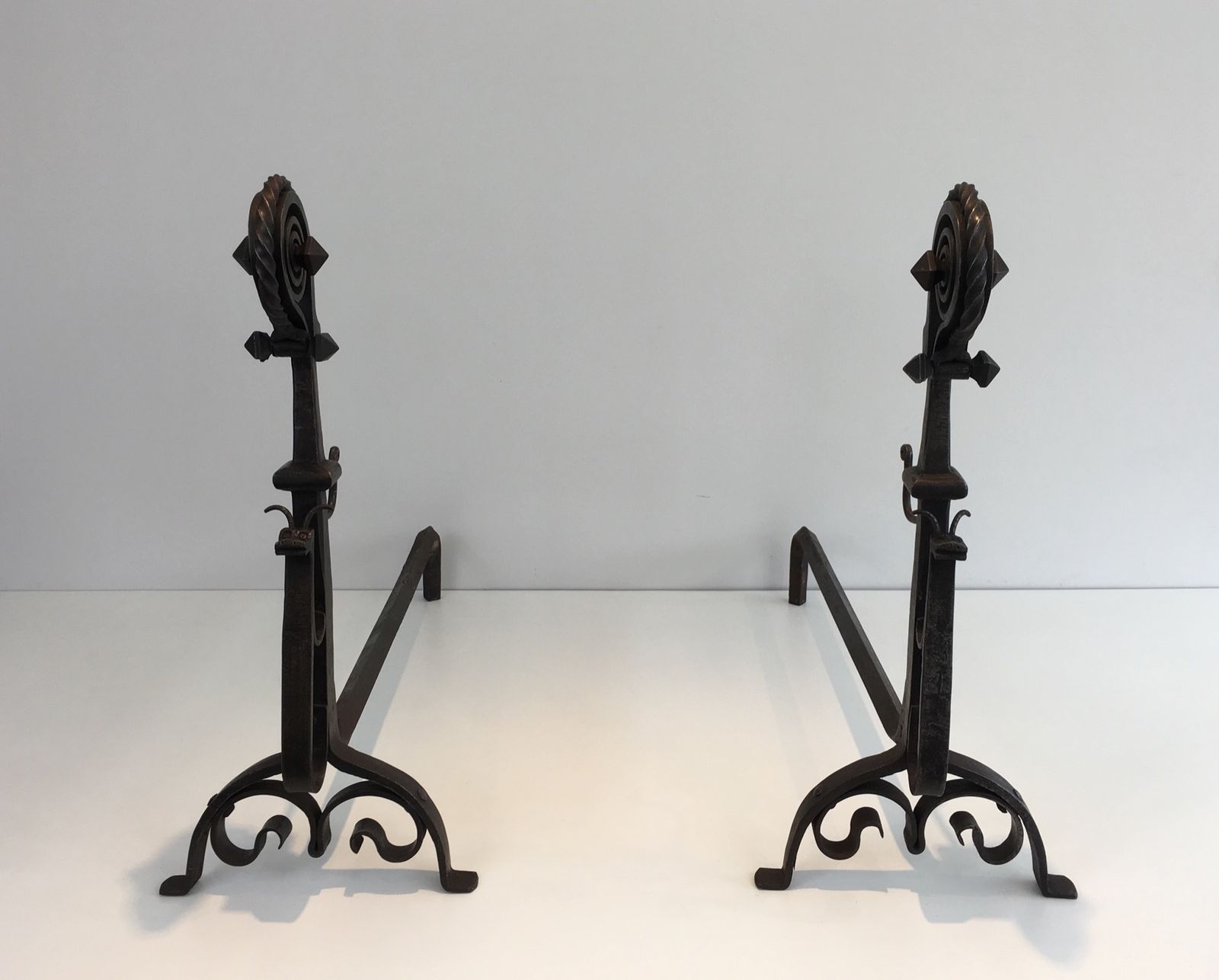 Pair Of Important Wrought Iron Andirons Representing A Snail photo 2850.0