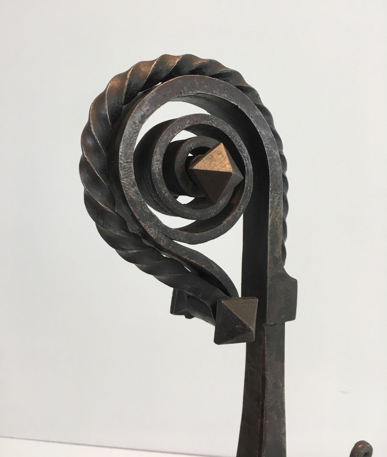 Pair Of Important Wrought Iron Andirons Representing A Snail photo vintage