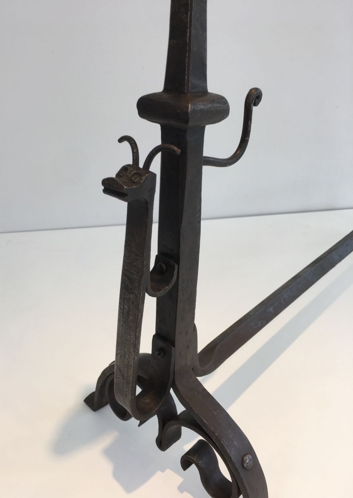 Home Fixtures Pair Of Important Wrought Iron Andirons Representing A Snail photo