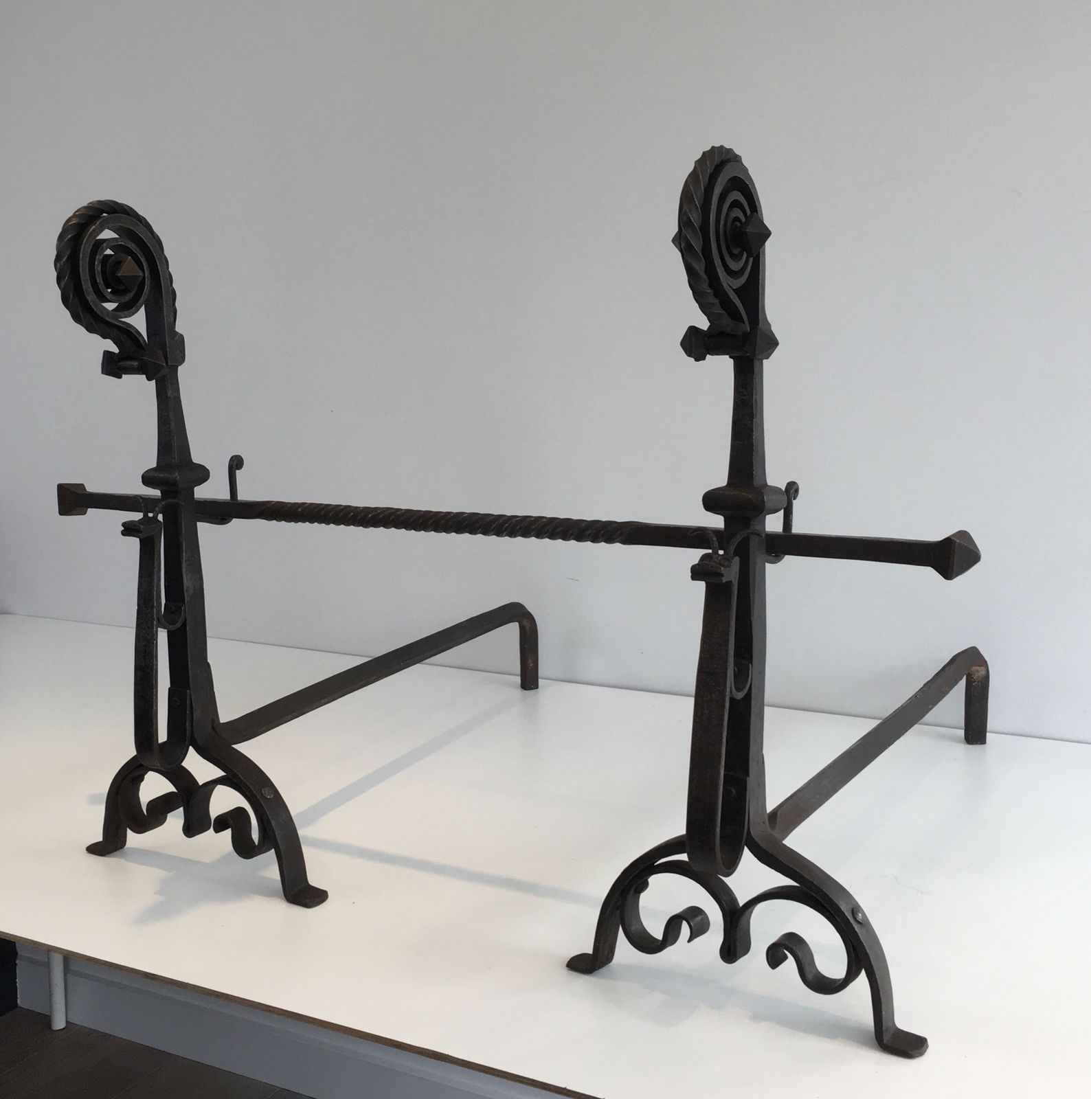 2850.0 Pair Of Important Wrought Iron Andirons Representing A Snail photo