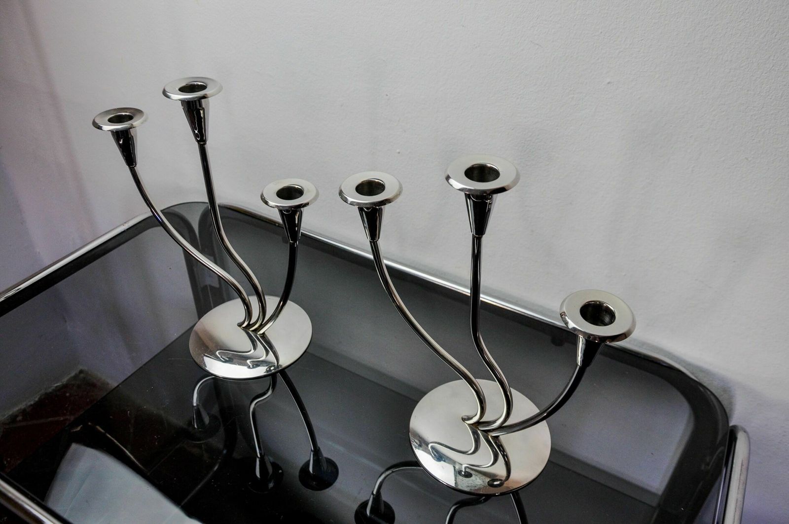 Pair Of Art Deco Candlesticks In Stainless Steel 3 Flames, Spain, 1970 photo vintage