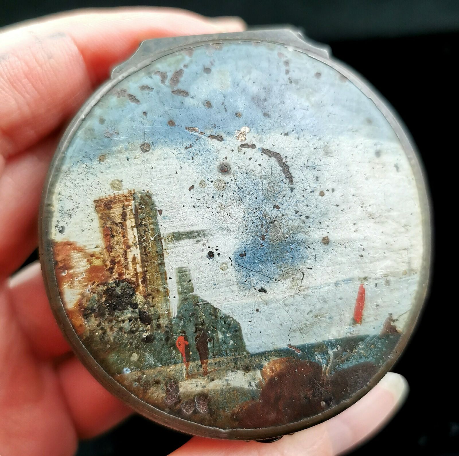 Antique Hand Painted Lacquered Snuff Box, Coastal Scene