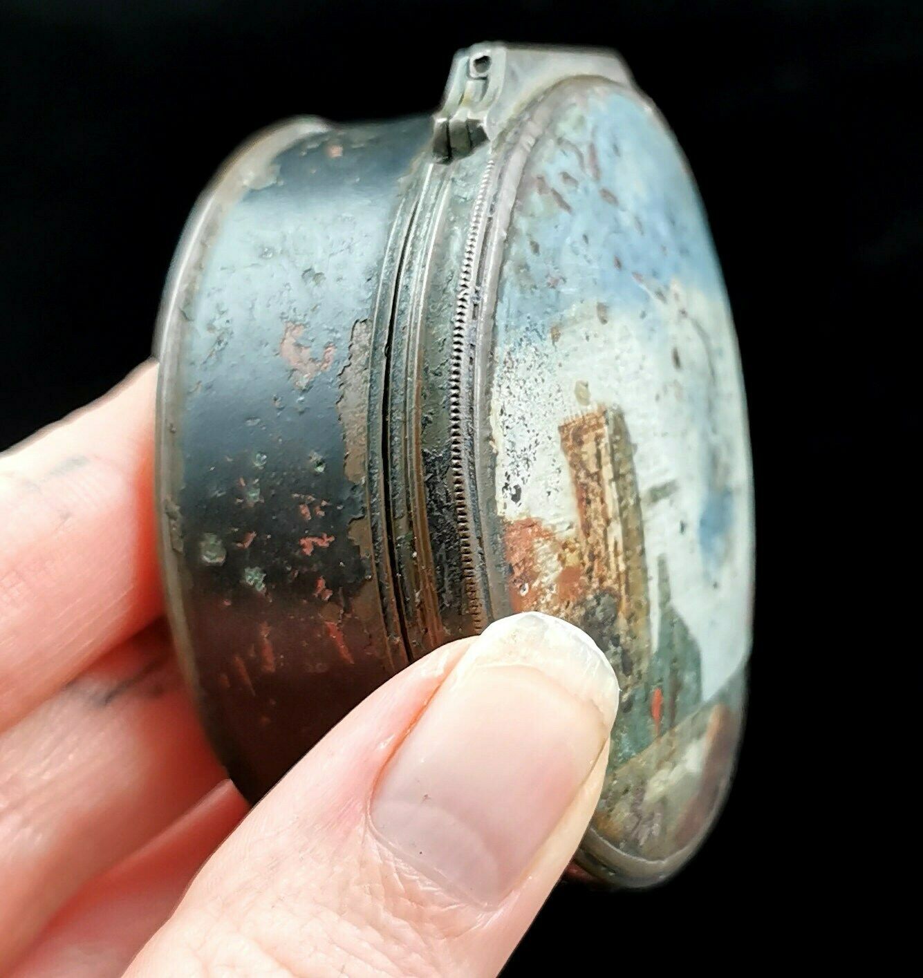 Antique Hand Painted Lacquered Snuff Box, Coastal Scene photo furniture