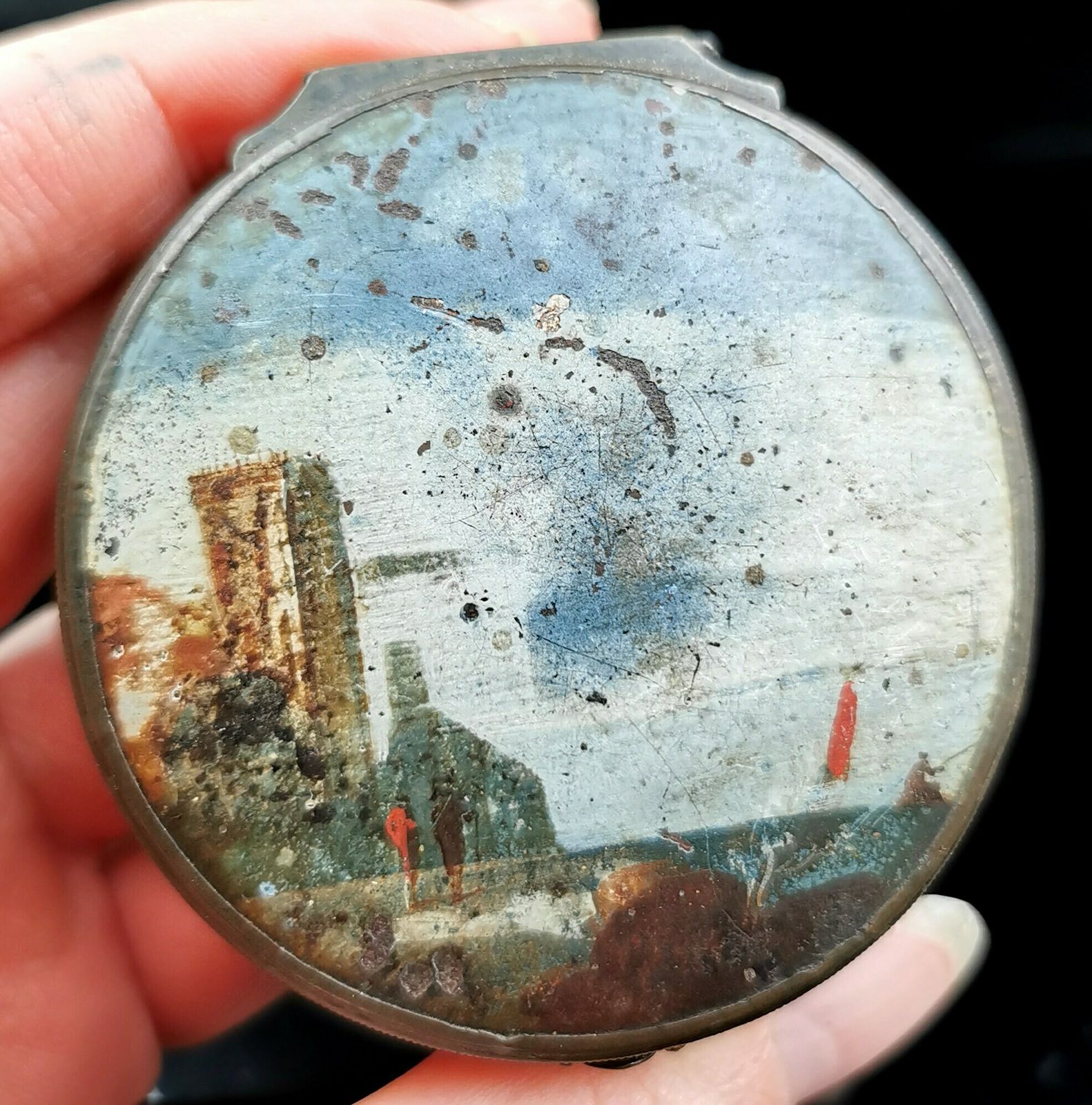 photo for sale Antique Hand Painted Lacquered Snuff Box, Coastal Scene