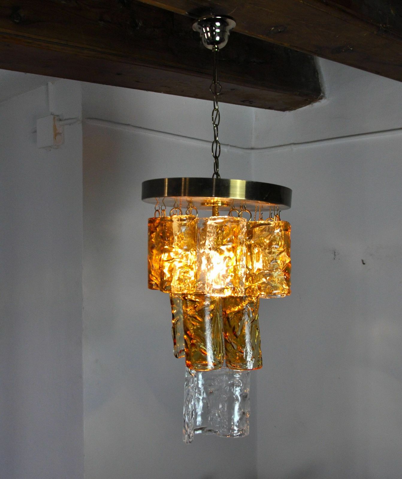 Two Tone Cascade Chandelier By Zero Quattro, Orange And Transparent Murano Glass, Italy, 1970 photo vinterior