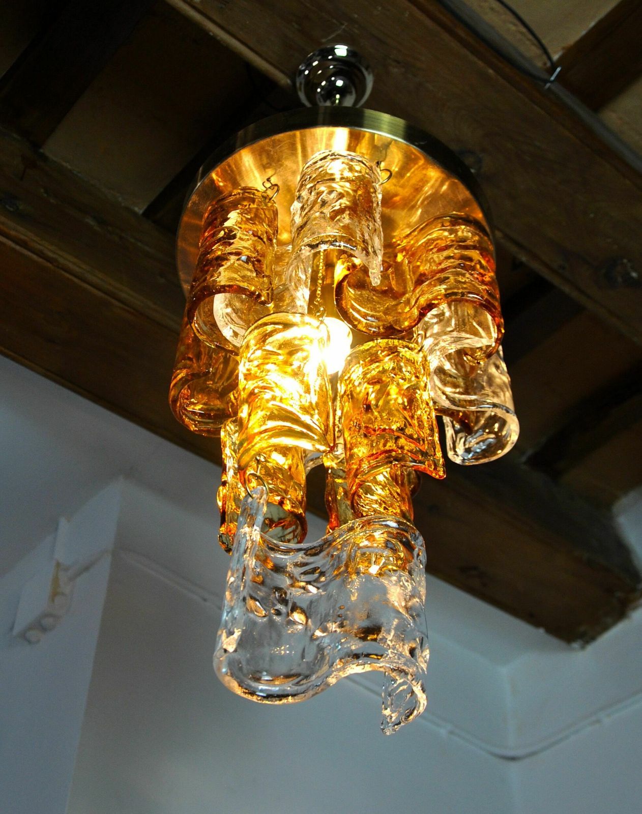 Two Tone Cascade Chandelier By Zero Quattro, Orange And Transparent Murano Glass, Italy, 1970 photo vintage