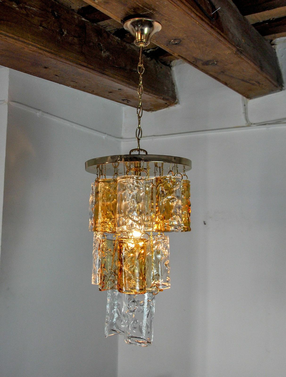 Two Tone Chandelier By Zero Quattro, 3 Levels, Orange And Transparent Murano Glass, photo buy