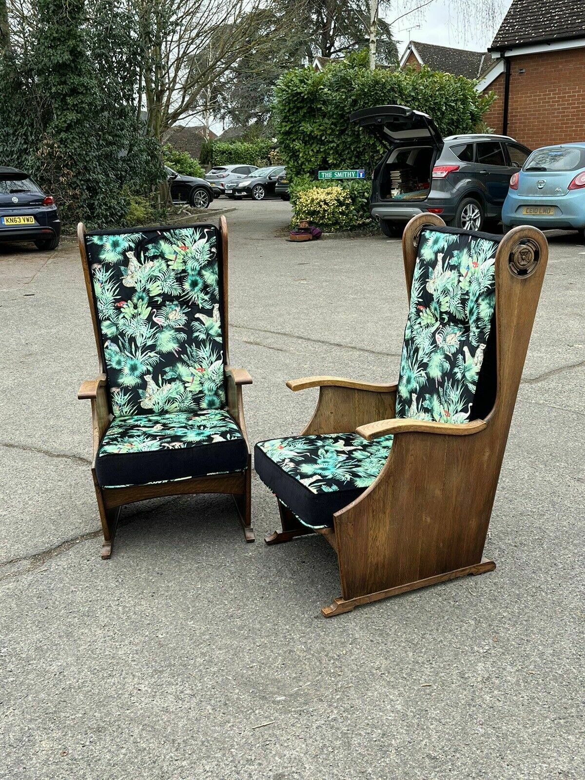 Mid Century Oak Armchairs Newly Upholstered In A Bright Jungle Print. photo buy
