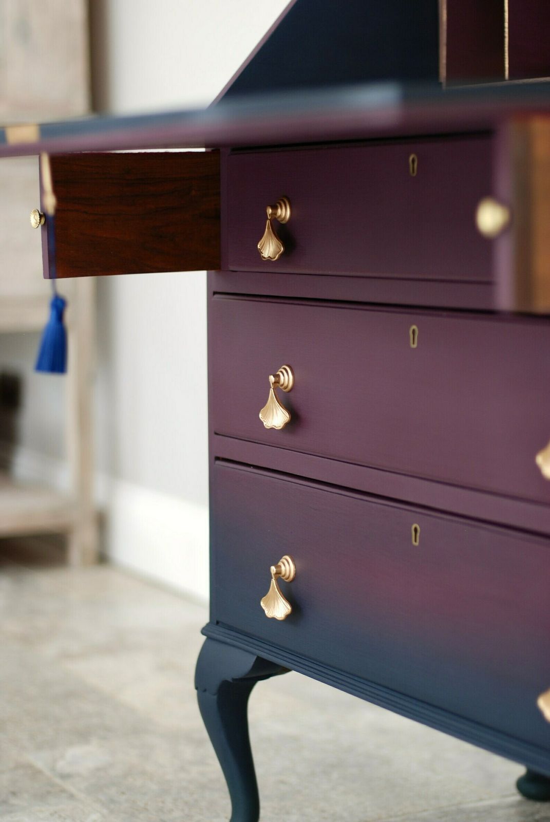Queen Anne Style Ombre Writing Bureau In Deep Purple And Blue photo Furniture