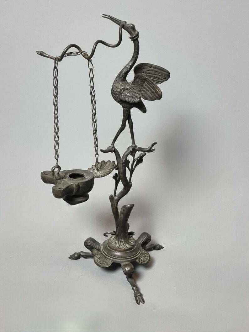 Antique Bronze Oil Lamp, Grand Tour, Stork, Snake, 19th Century photo furniture
