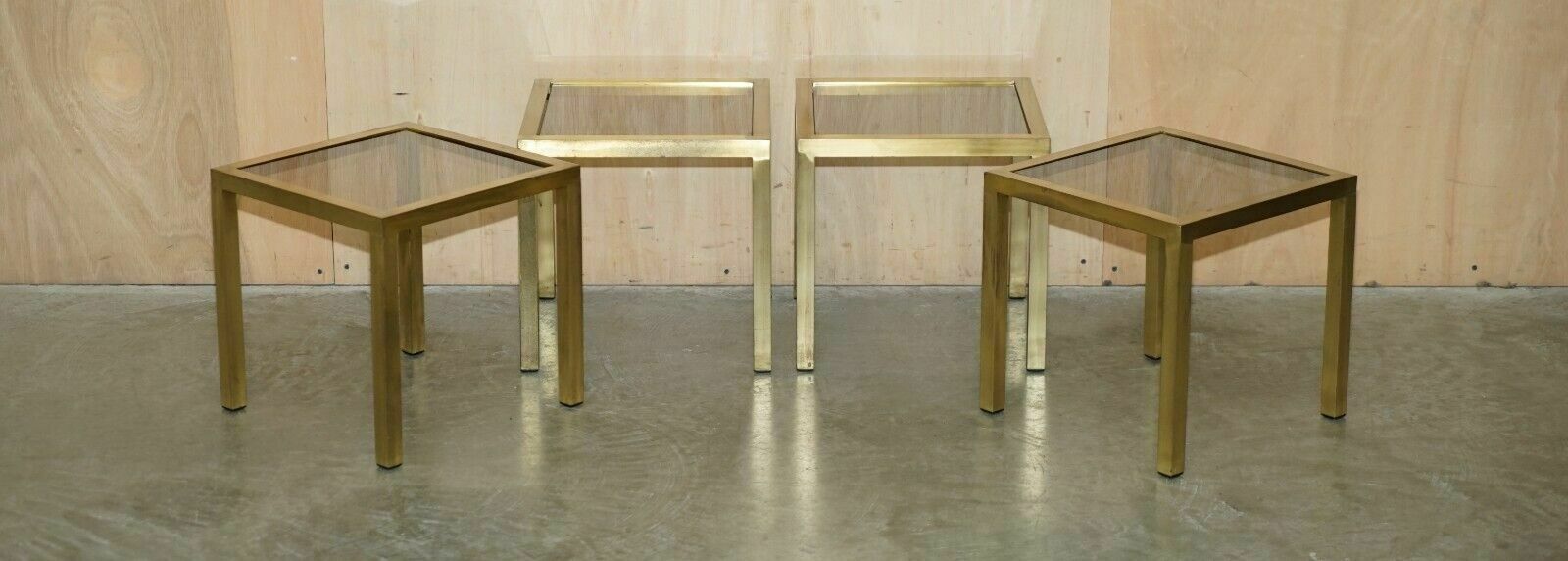 Four Mid Century Modern Maison Jansen Paris Style Brass Smoked Glass Side Tables