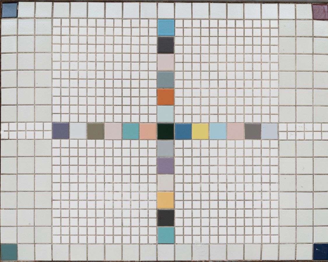 Furniture Table With Tiled Mosaic Top, Single Flat Central Leg, Round In Iron, 1950 photo