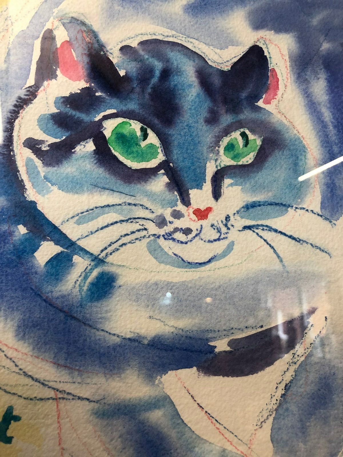 Mt Bonnet French 20th Century Watercolour Of A Blue Tom Cat Green Eyes Contemporary Vibrant Framed photo Art