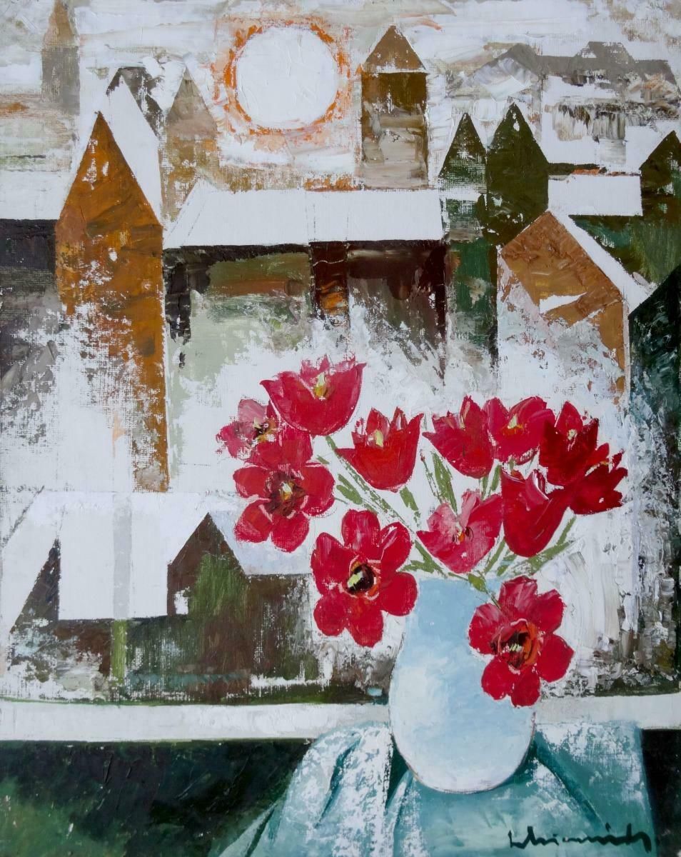 Laimdots Murnieks City And Tulips 1988, Oil On Cardboard, 1988