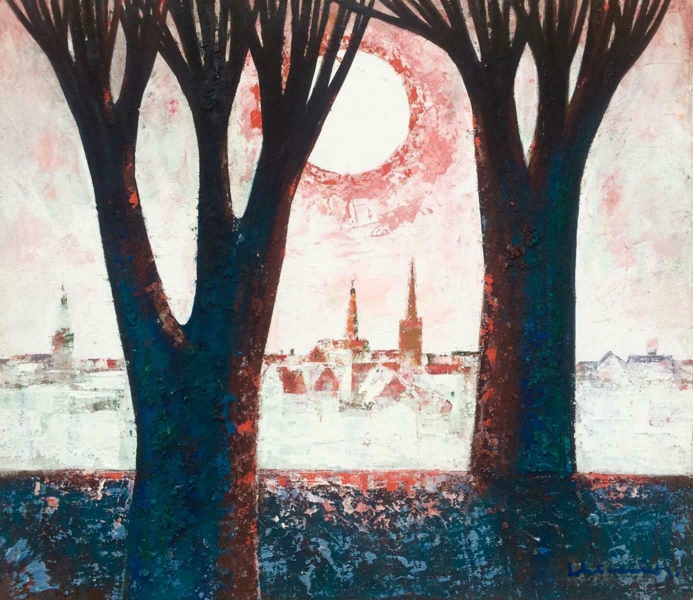 Laimdots Murnieks City   Sun And Trees 1996. Oil On Cardboard,