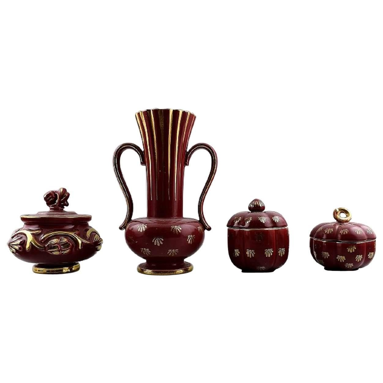 Collection Of 'Red Rubin' Pottery With Red Glaze With Gold, Upsala Ekeby, Gefle