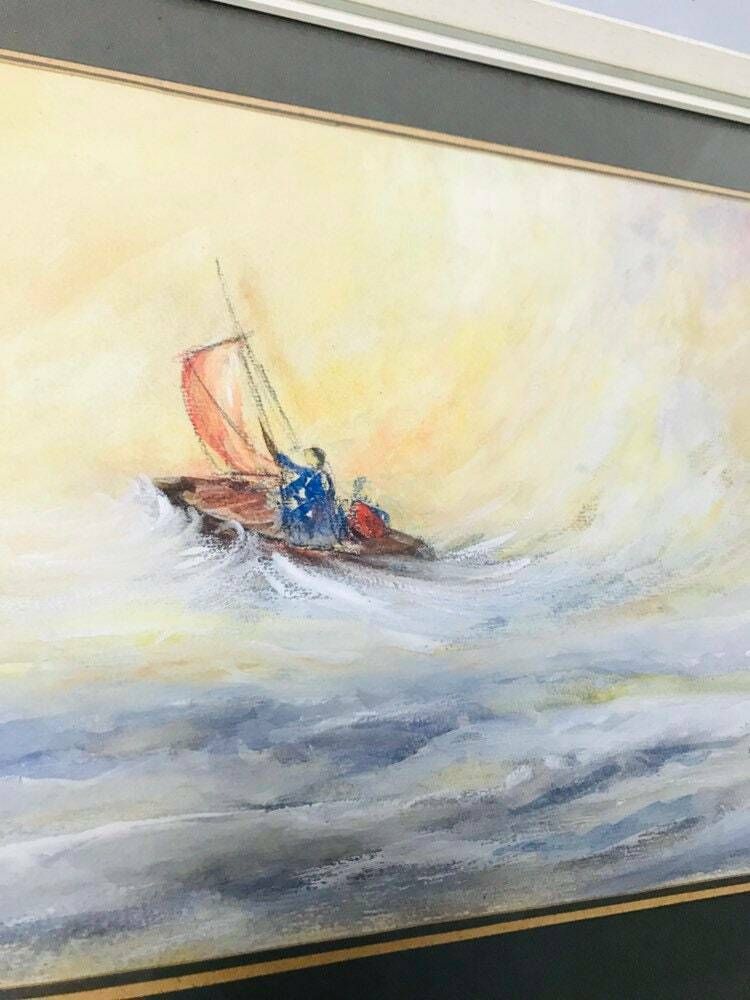 Polish Artist Watercolour Painting Absolutely Fine Example   Sailing Boat Ship Yacht   Large Wooden White Frame (L3) photo buy